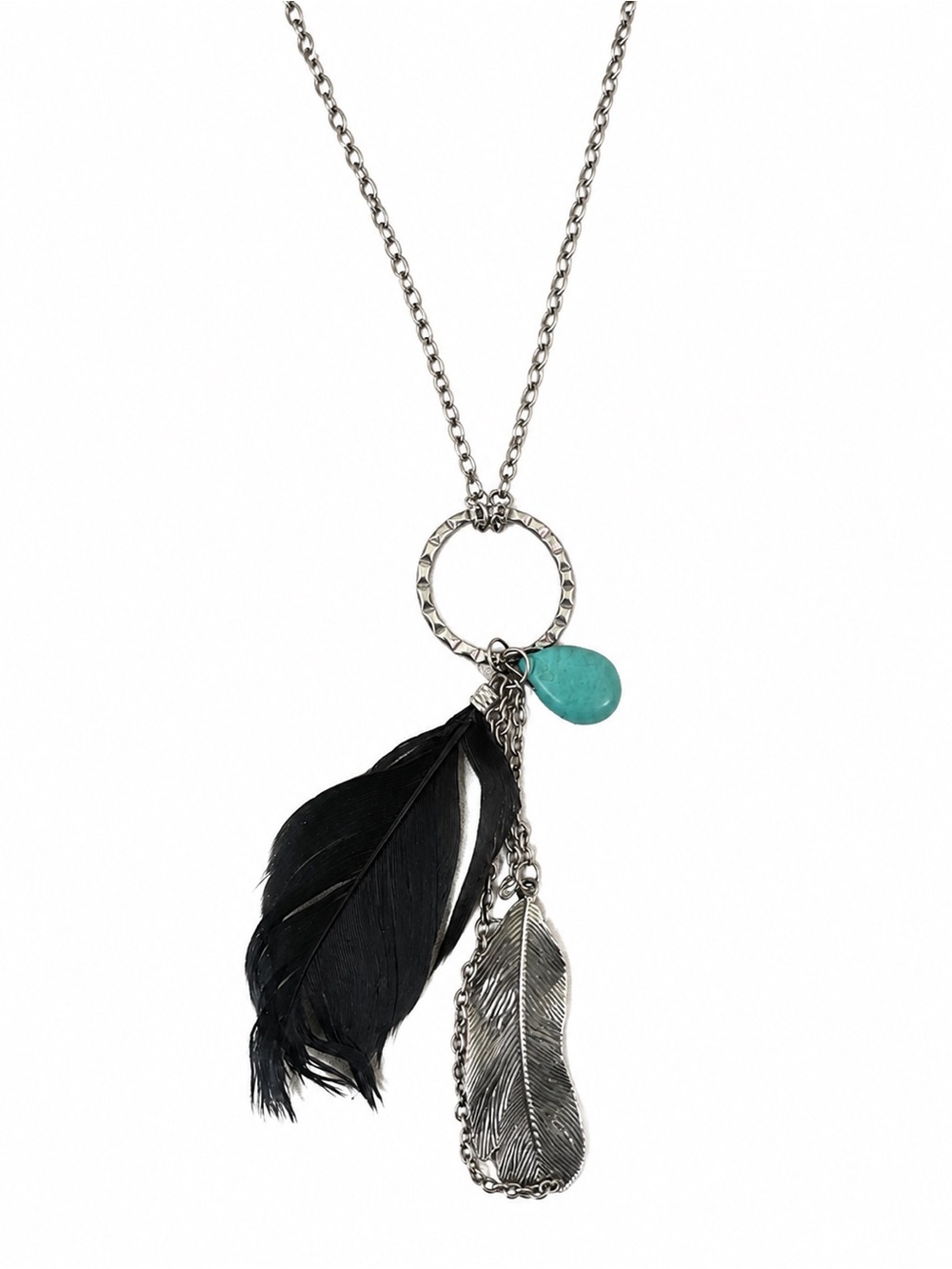 Boho Silver Tone Long Feather Necklace Black Feather Turquoise Pendant